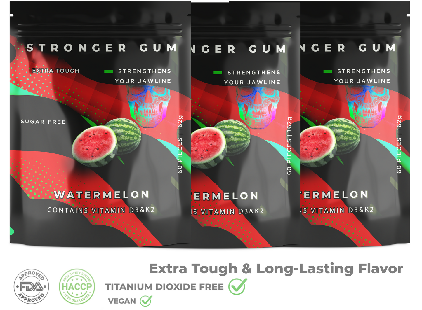 Extra Tough: Watermelon Sugar Free, 60 Pieces, (162g) - Hard gum | Specific Shore Rigidity for Jaw Growth