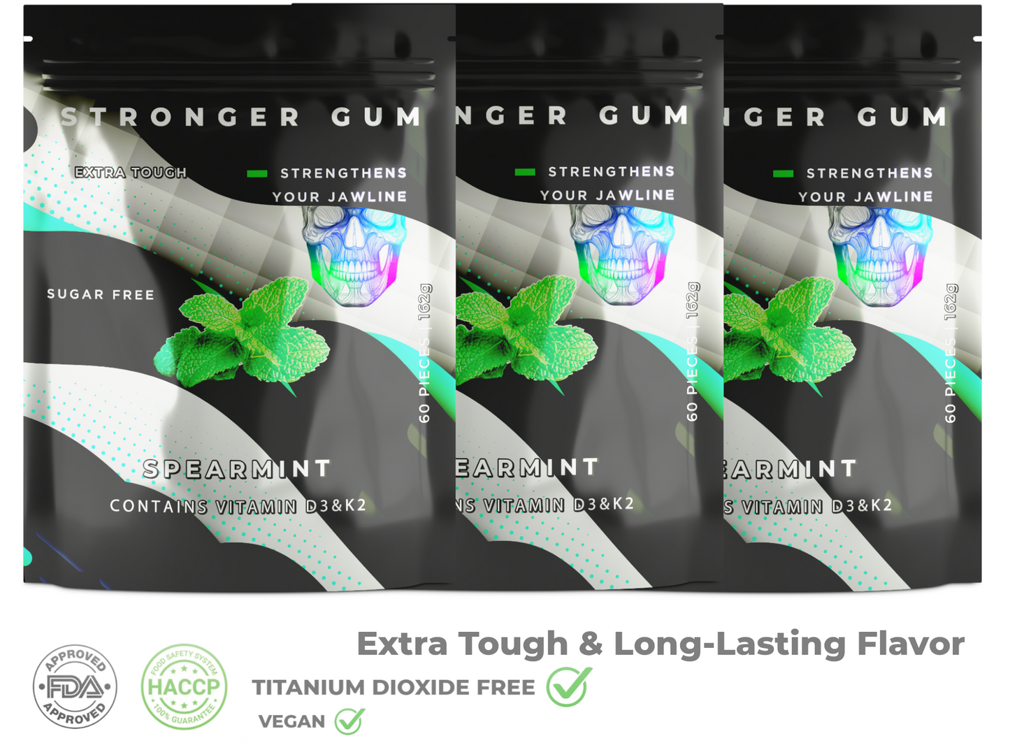 Extra Tough: Spearmint Sugar Free, 60 Pieces (162g) - Hard gum | Specific Shore Rigidity for Jaw Growth