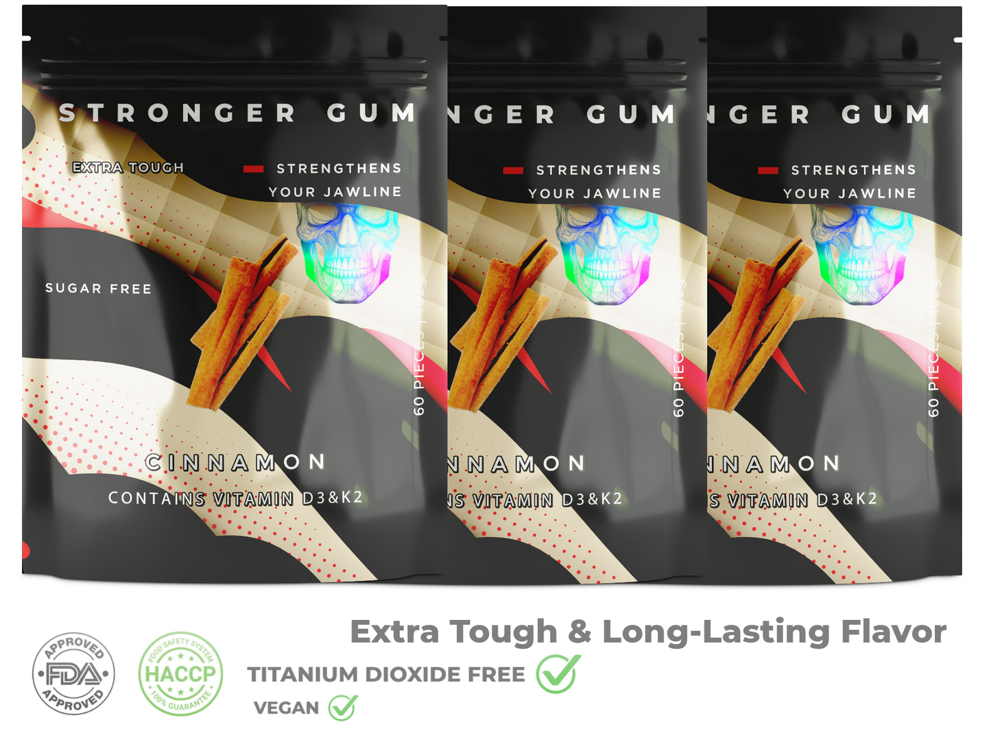 Extra Duro: Canela Sin Azúcar, 60 Piezas (162g) - Chicle duro | Rigidez Shore específica para el crecimiento de la mandíbula