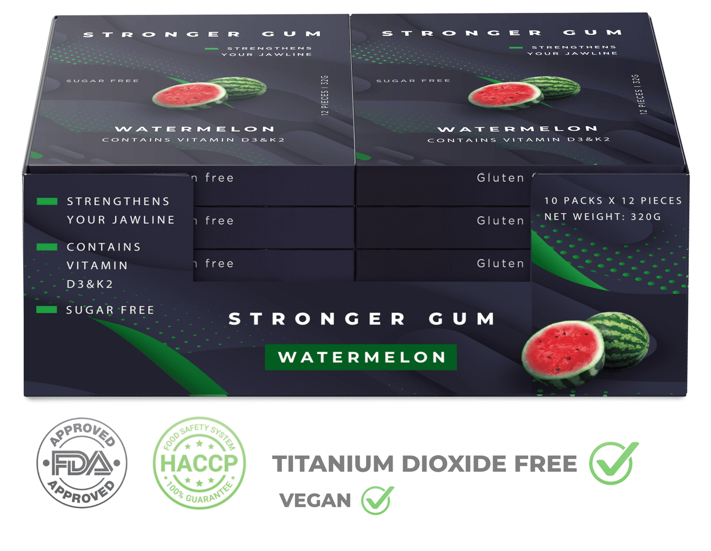Regular: Watermelon Sugar Free, 120 pieces (320g) - Hard gum | Specific Shore Rigidity for Jaw Growth, with Added Vitamin D3 & K2