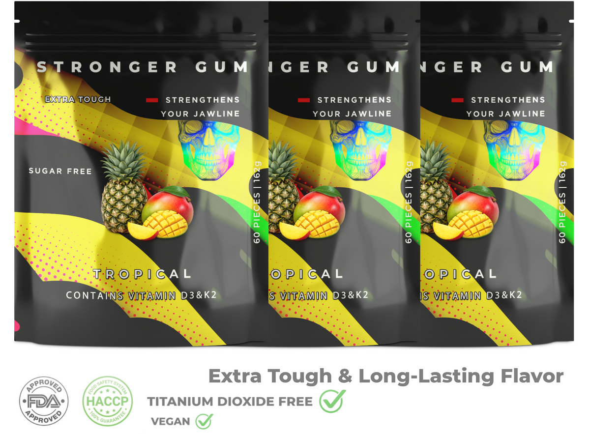 Stronger Gum EXTRA STARK | Tropical, Zuckerfrei, 60 Stück (162g) - Harter Kaugummi | Bester Kaugummi für die Kieferlinie