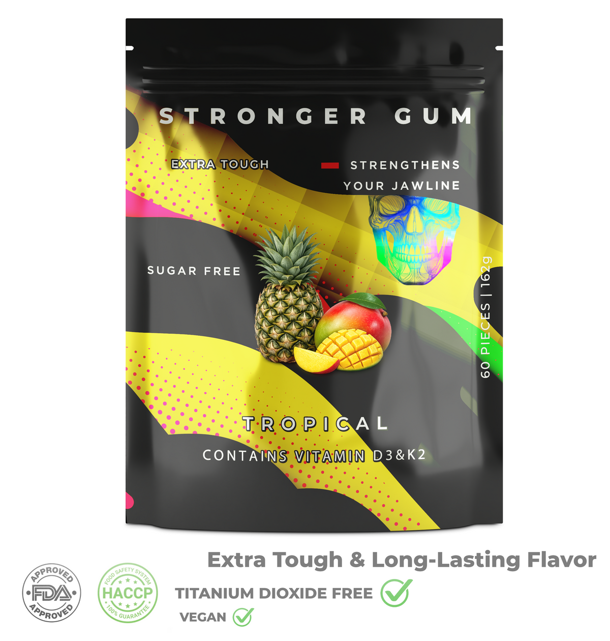 Stronger Gum EXTRA STARK | Tropical, Zuckerfrei, 60 Stück (162g) - Harter Kaugummi | Bester Kaugummi für die Kieferlinie